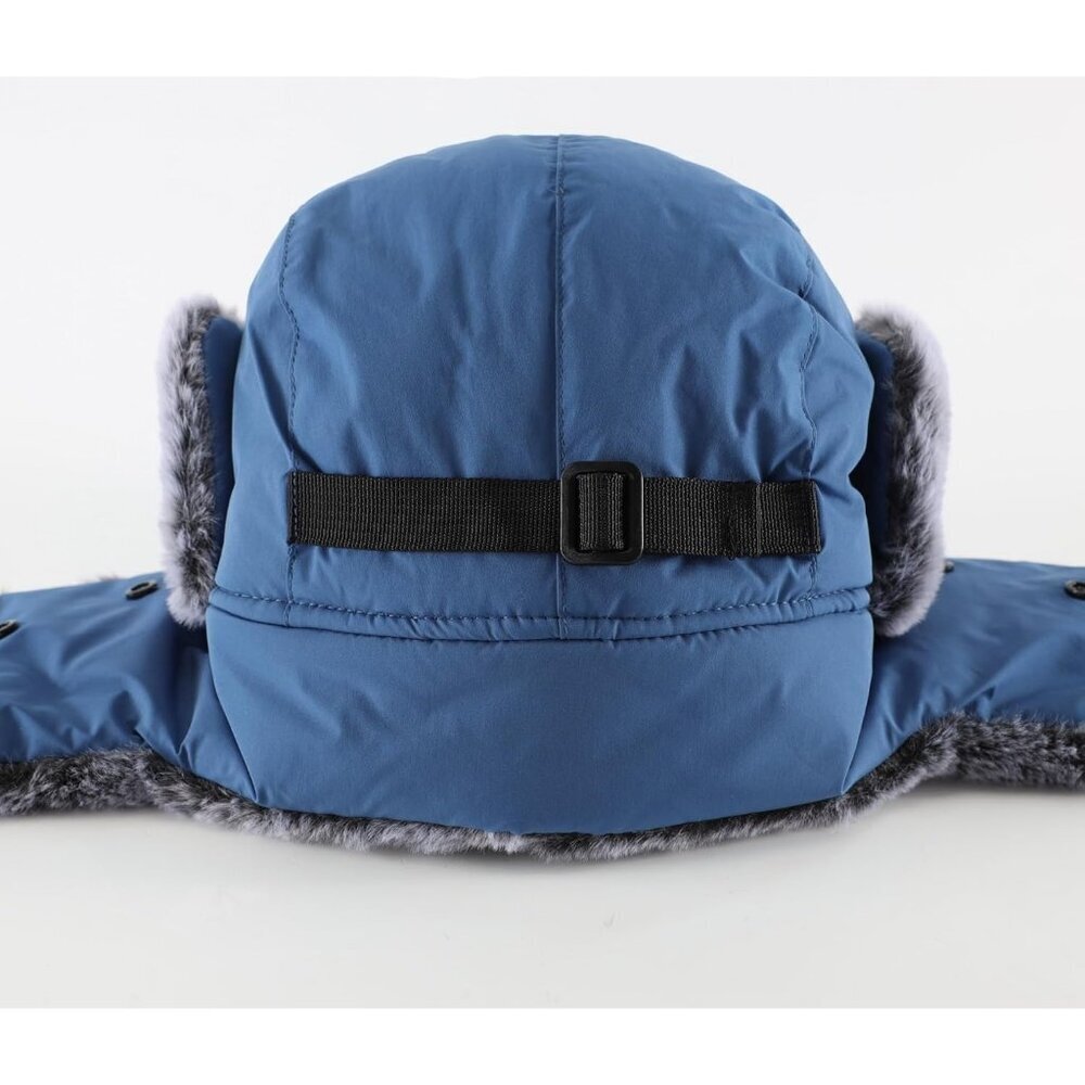 Men Blue Trapper Hat with Face Mask Faux Fur Winter Trooper Hunting Hat - Picture 7 of 9